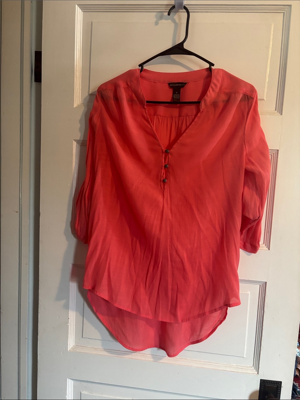 Bit & Bridle Coral V-Neck Tunic Blouse with Button Placket